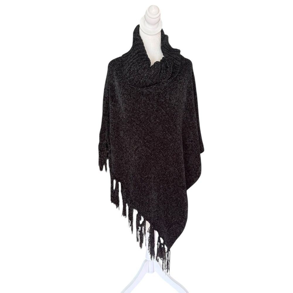 Britt’s Knits Black Knit Poncho with Fringe and Turtleneck One Size Fits Most